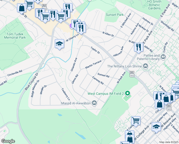 map of restaurants, bars, coffee shops, grocery stores, and more near 801 Fairway Road in State College
