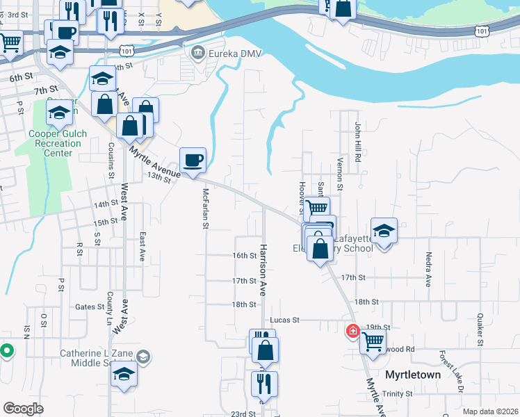 map of restaurants, bars, coffee shops, grocery stores, and more near 1400 Harrison Avenue in Eureka