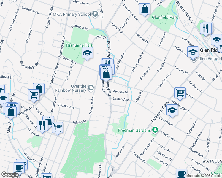 map of restaurants, bars, coffee shops, grocery stores, and more near 323 Orange Road in Montclair