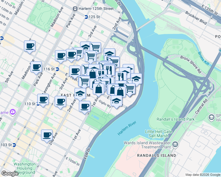 map of restaurants, bars, coffee shops, grocery stores, and more near 421 East 117th Street in New York