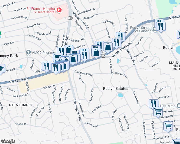 map of restaurants, bars, coffee shops, grocery stores, and more near 21 The Serpentine in Roslyn