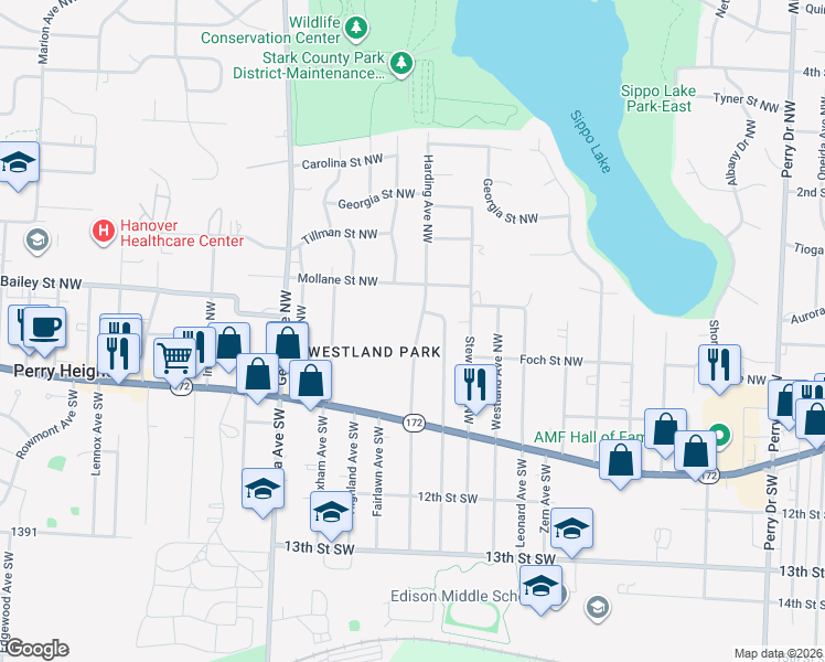map of restaurants, bars, coffee shops, grocery stores, and more near 337 Harding Avenue Northwest in Massillon
