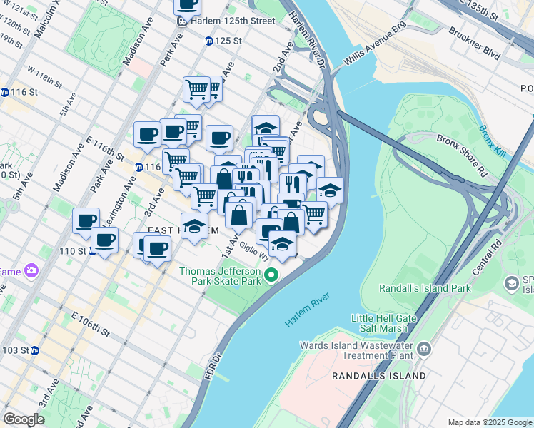 map of restaurants, bars, coffee shops, grocery stores, and more near 421 East 118th Street in New York