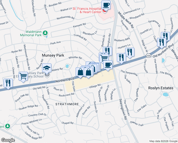 map of restaurants, bars, coffee shops, grocery stores, and more near 29 Blakelock Road in Manhasset
