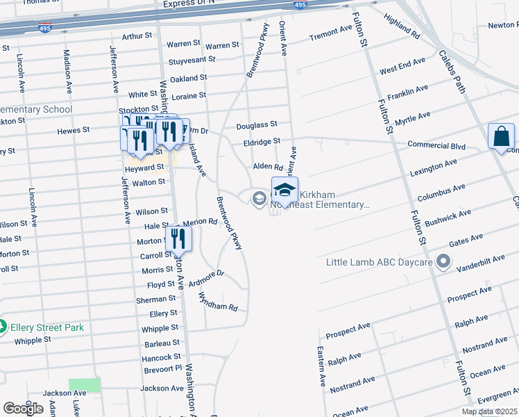 map of restaurants, bars, coffee shops, grocery stores, and more near 2 Devon Road in Brentwood