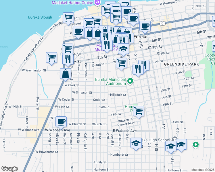 map of restaurants, bars, coffee shops, grocery stores, and more near 1017 C Street in Eureka