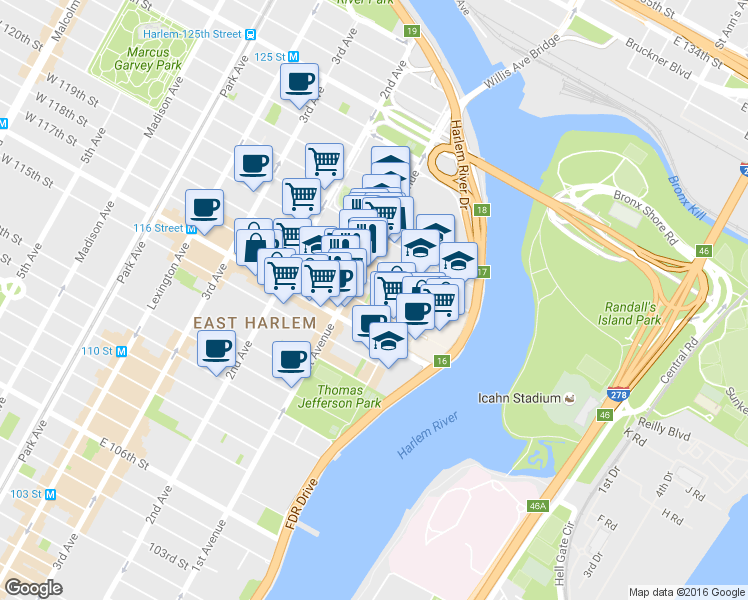 map of restaurants, bars, coffee shops, grocery stores, and more near 421 East 118th Street in New York
