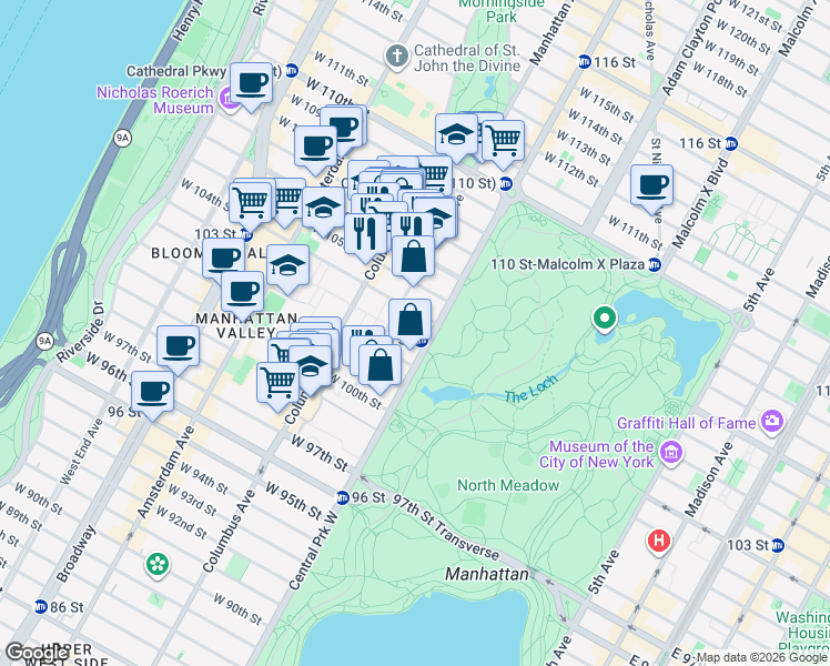 map of restaurants, bars, coffee shops, grocery stores, and more near 8 West 104th Street in New York