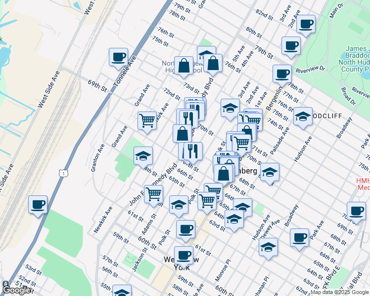 map of restaurants, bars, coffee shops, grocery stores, and more near 6812 Bergenwood Avenue in North Bergen