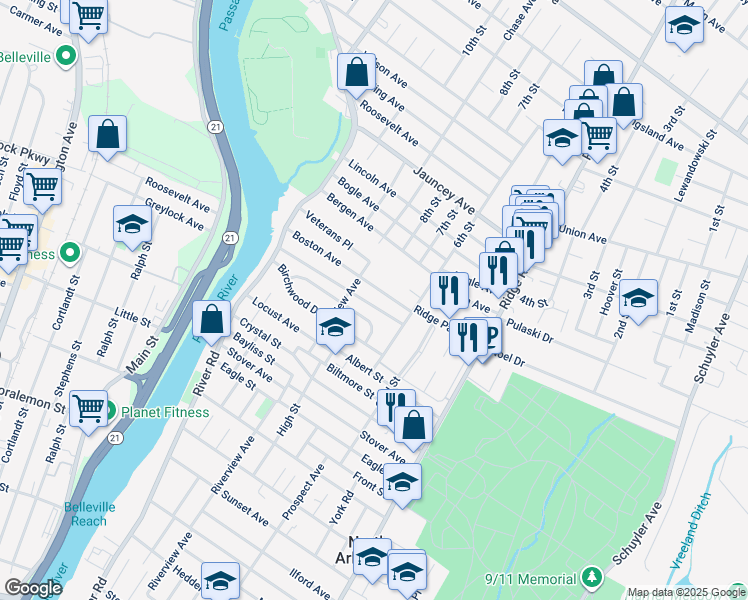 map of restaurants, bars, coffee shops, grocery stores, and more near 68 Boston Avenue in North Arlington