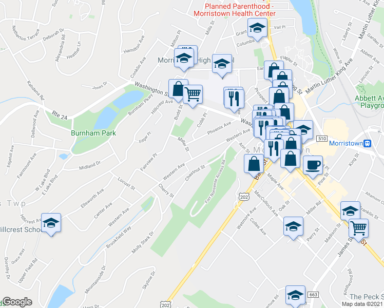 map of restaurants, bars, coffee shops, grocery stores, and more near 60 Phoenix Avenue in Morristown