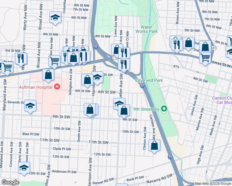 map of restaurants, bars, coffee shops, grocery stores, and more near 247 Dueber Avenue Southwest in Canton