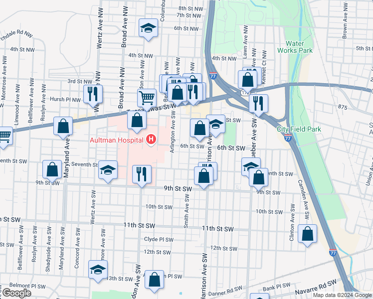 map of restaurants, bars, coffee shops, grocery stores, and more near 2323 6th Street Southwest in Canton