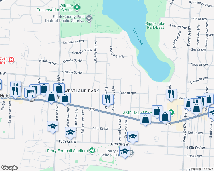 map of restaurants, bars, coffee shops, grocery stores, and more near 4039 Bailey Street Northwest in Massillon