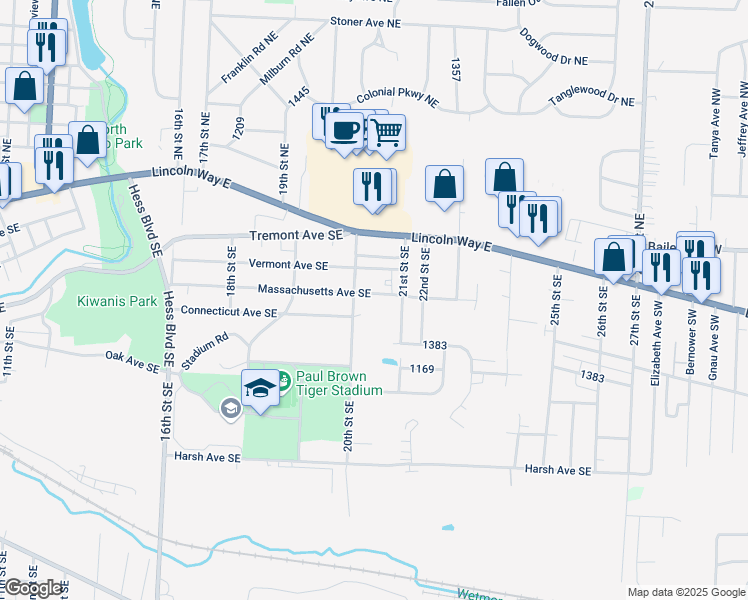 map of restaurants, bars, coffee shops, grocery stores, and more near 154 20th Street Southeast in Massillon
