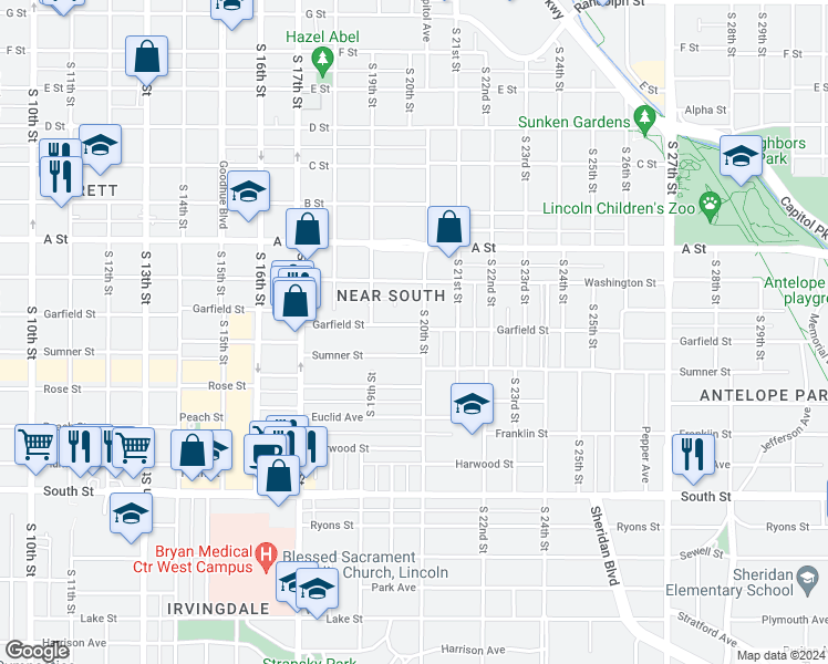 map of restaurants, bars, coffee shops, grocery stores, and more near 1934 Garfield Street in Lincoln