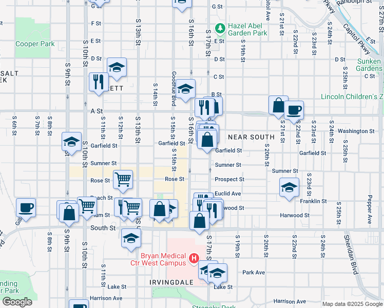 map of restaurants, bars, coffee shops, grocery stores, and more near 1641 Garfield Street in Lincoln