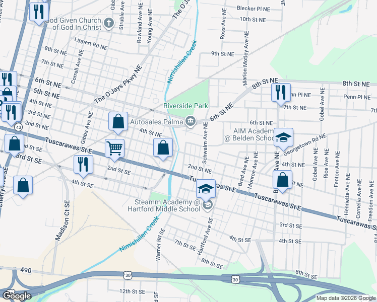 map of restaurants, bars, coffee shops, grocery stores, and more near 308 Warner Road Northeast in Canton