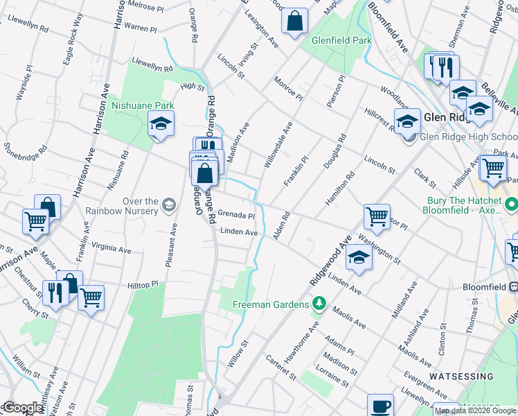 map of restaurants, bars, coffee shops, grocery stores, and more near 419 Washington Avenue in Montclair