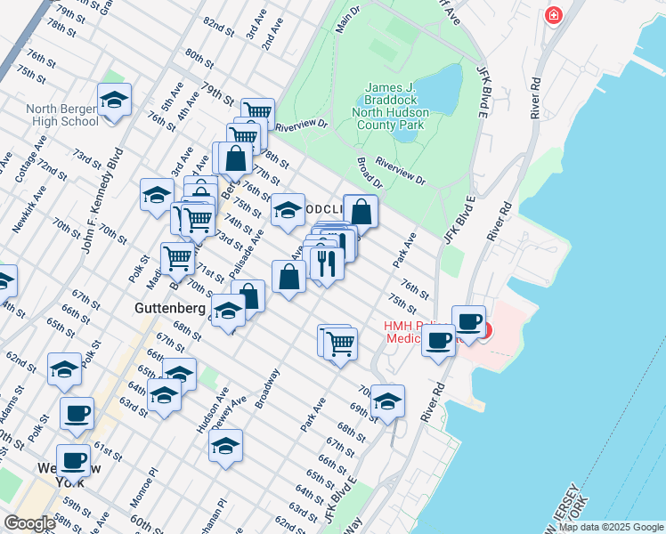 map of restaurants, bars, coffee shops, grocery stores, and more near 220 75th Street in North Bergen