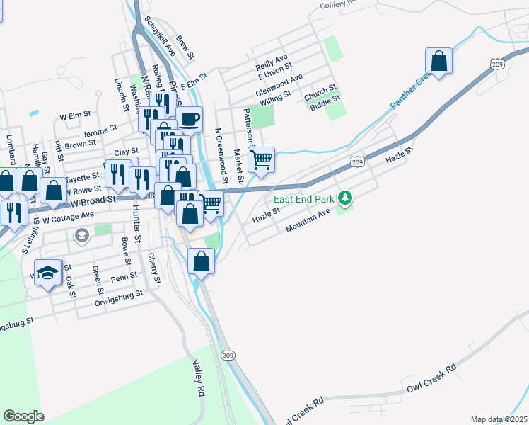 map of restaurants, bars, coffee shops, grocery stores, and more near 341 Hazle Street in Tamaqua