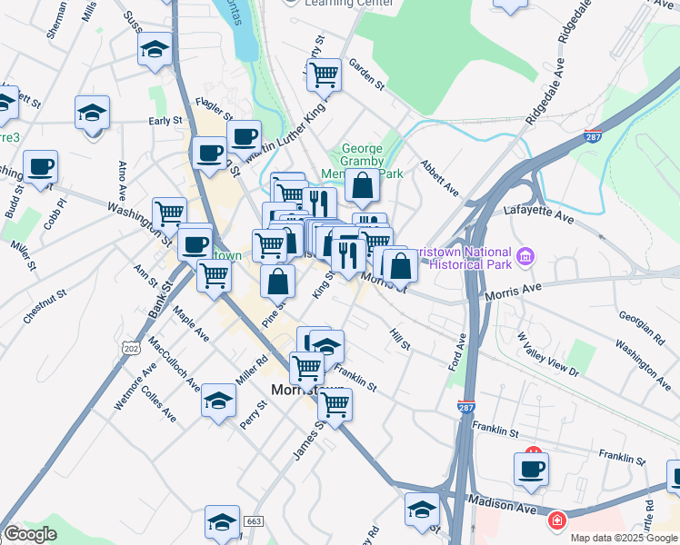 map of restaurants, bars, coffee shops, grocery stores, and more near 122 Morris Street in Morristown