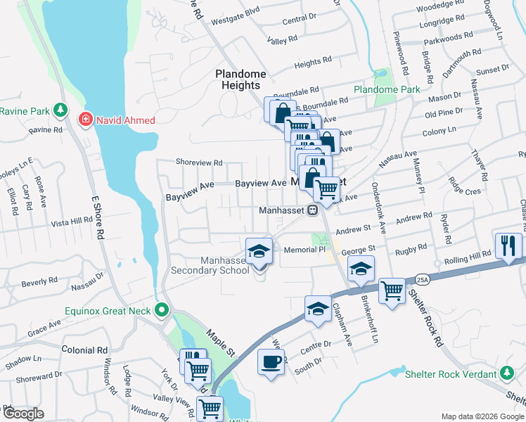 map of restaurants, bars, coffee shops, grocery stores, and more near 28 Linden Street in Manhasset