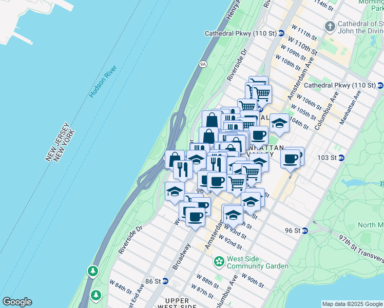 map of restaurants, bars, coffee shops, grocery stores, and more near Riverside Drive & West 97th Street in New York
