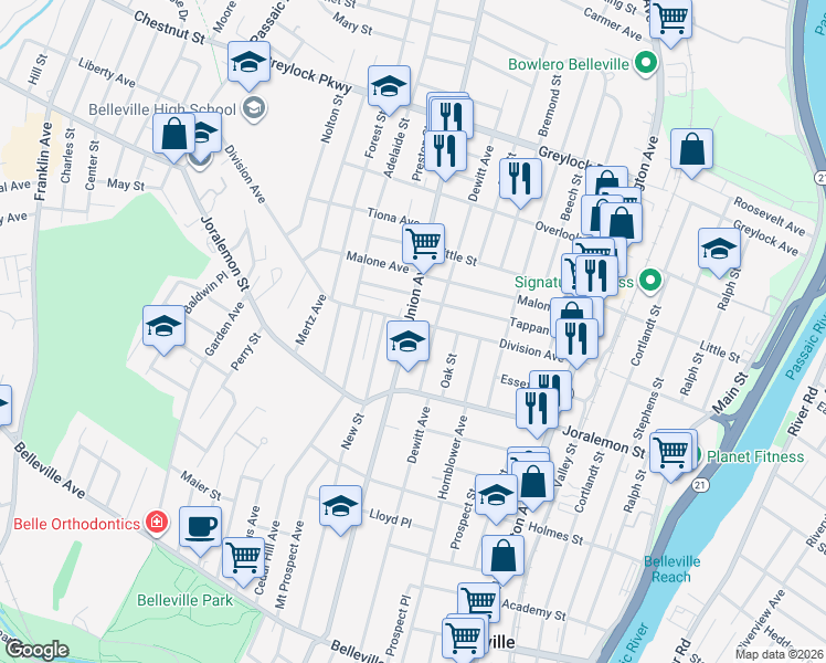 map of restaurants, bars, coffee shops, grocery stores, and more near 386 Union Avenue in Belleville