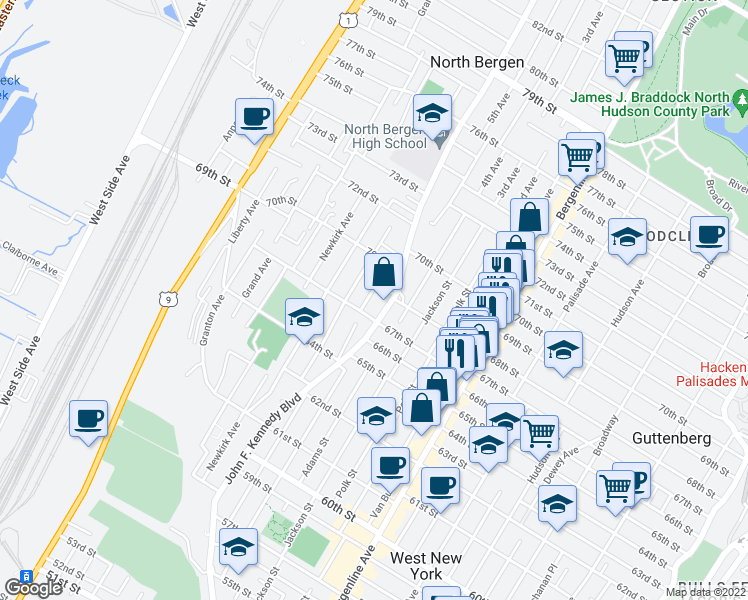 map of restaurants, bars, coffee shops, grocery stores, and more near 6714 Bergenwood Avenue in North Bergen