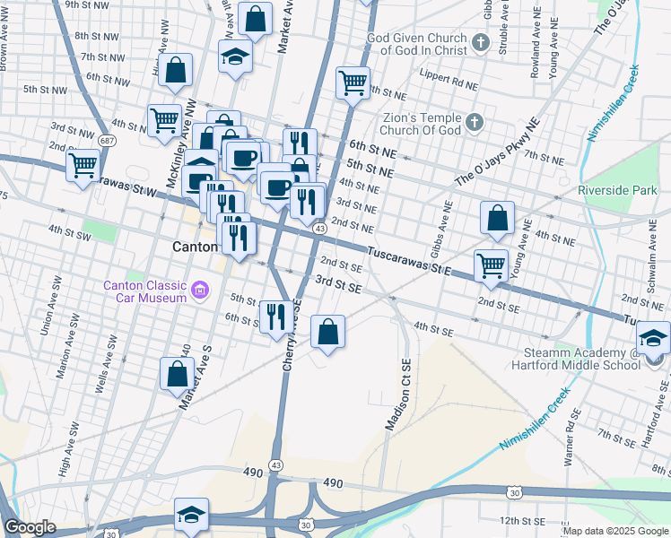 map of restaurants, bars, coffee shops, grocery stores, and more near 606 2nd Street Southeast in Canton