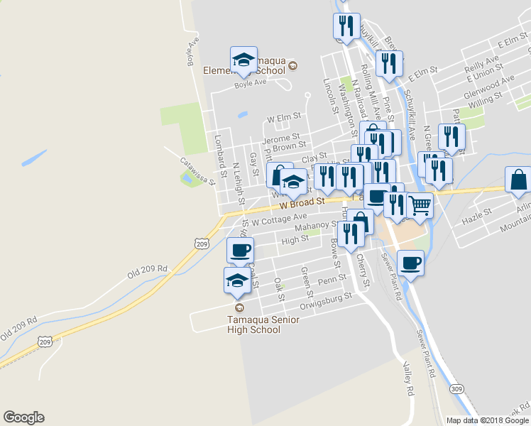 map of restaurants, bars, coffee shops, grocery stores, and more near 306 West Broad Street in Tamaqua