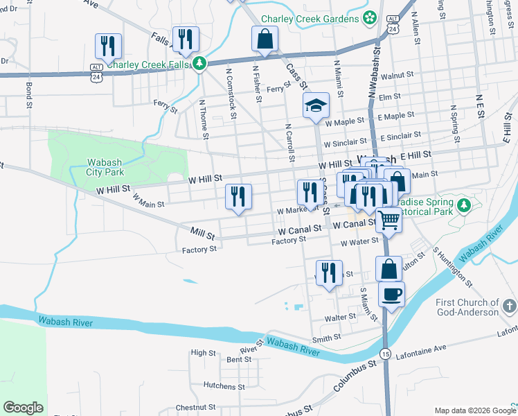 map of restaurants, bars, coffee shops, grocery stores, and more near 471 West Main Street in Wabash
