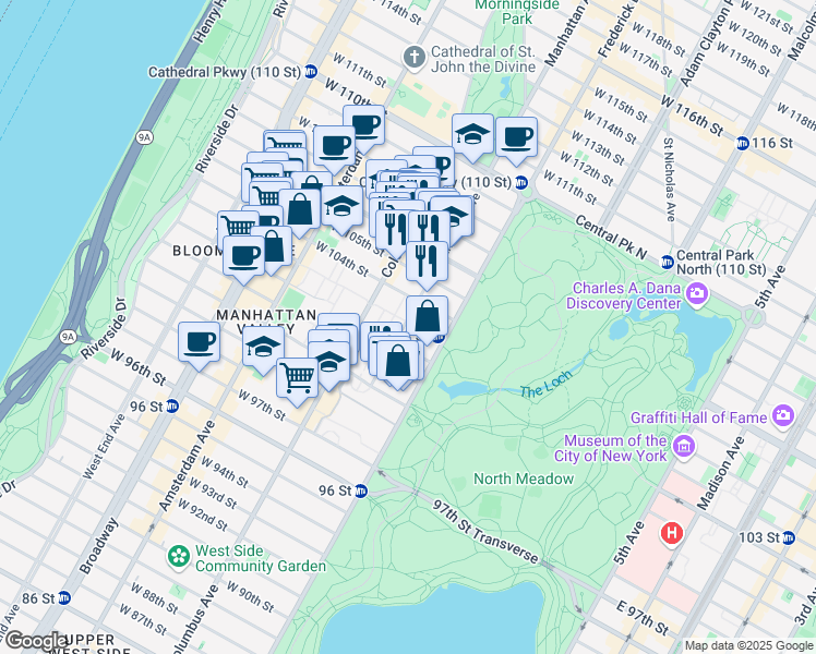 map of restaurants, bars, coffee shops, grocery stores, and more near 62 Manhattan Avenue in New York