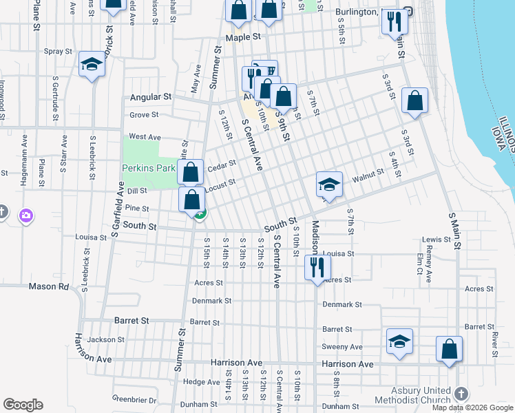 map of restaurants, bars, coffee shops, grocery stores, and more near 1002 South 12th Street in Burlington