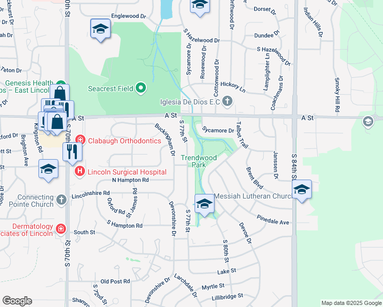 map of restaurants, bars, coffee shops, grocery stores, and more near 1540 South 77th Street in Lincoln