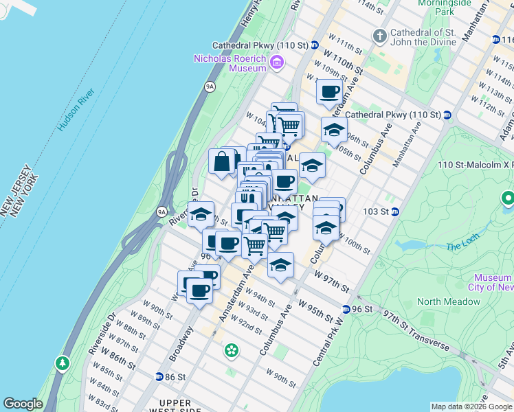 map of restaurants, bars, coffee shops, grocery stores, and more near Broadway & W 99th St in New York