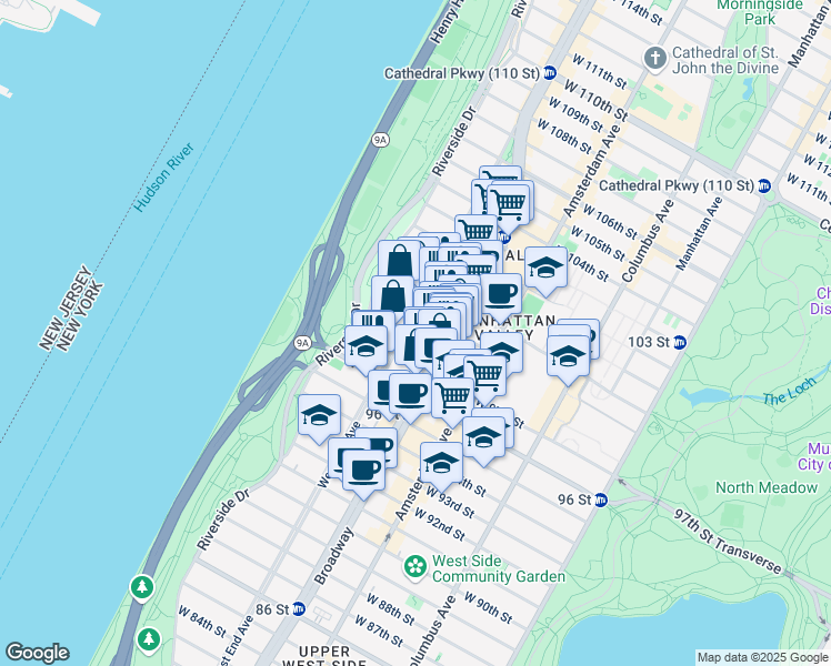 map of restaurants, bars, coffee shops, grocery stores, and more near 785 West End Avenue in New York