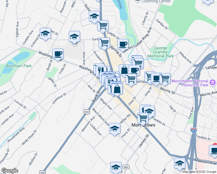 map of restaurants, bars, coffee shops, grocery stores, and more near in Morristown