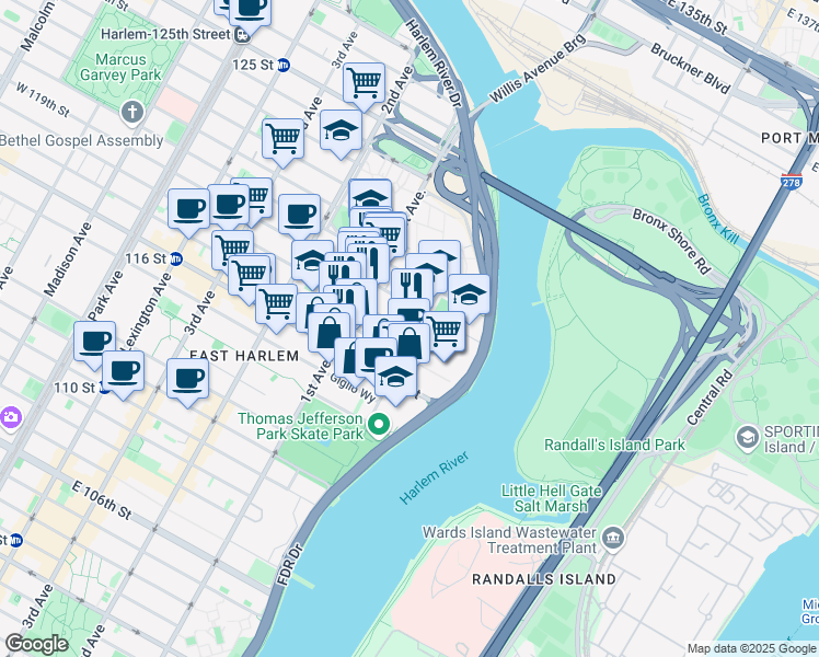 map of restaurants, bars, coffee shops, grocery stores, and more near 455 East 118th Street in New York