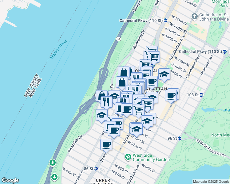 map of restaurants, bars, coffee shops, grocery stores, and more near 258 Riverside Drive in New York