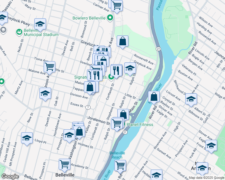 map of restaurants, bars, coffee shops, grocery stores, and more near 120 Little Street in Belleville