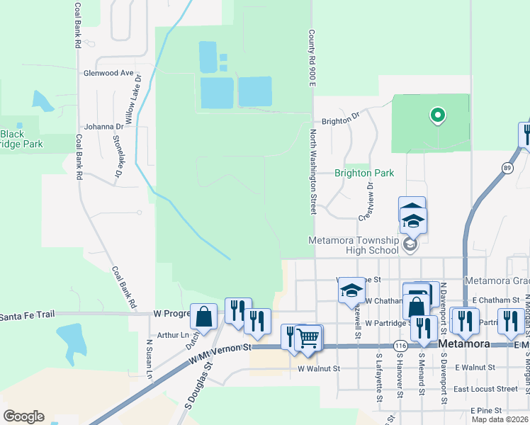 map of restaurants, bars, coffee shops, grocery stores, and more near Brinkman Way in Metamora