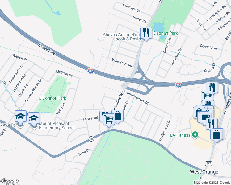 map of restaurants, bars, coffee shops, grocery stores, and more near 2 Mount Vernon Avenue in West Orange