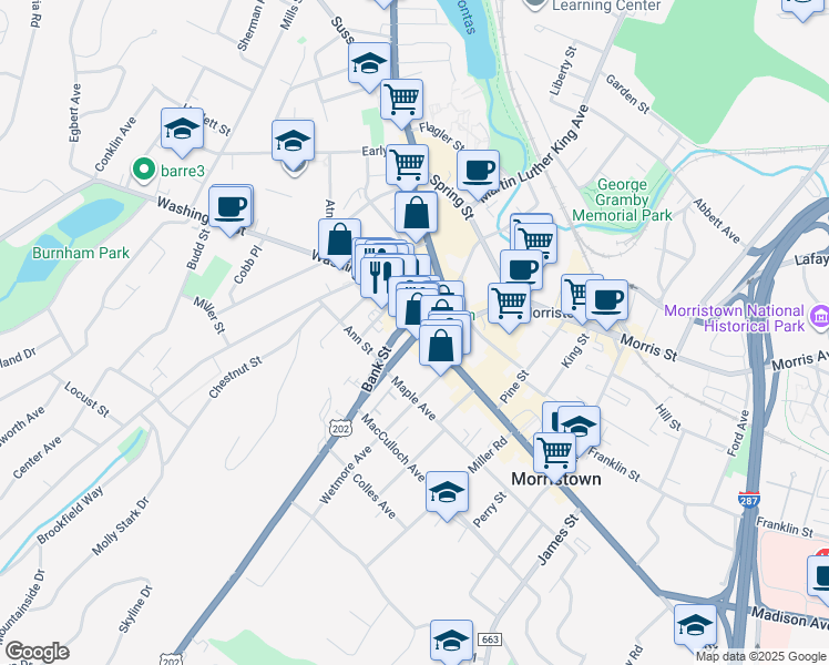 map of restaurants, bars, coffee shops, grocery stores, and more near 6 Washington Street in Morristown