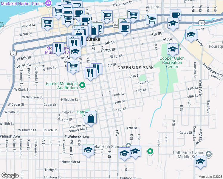 map of restaurants, bars, coffee shops, grocery stores, and more near 1205 I Street in Eureka