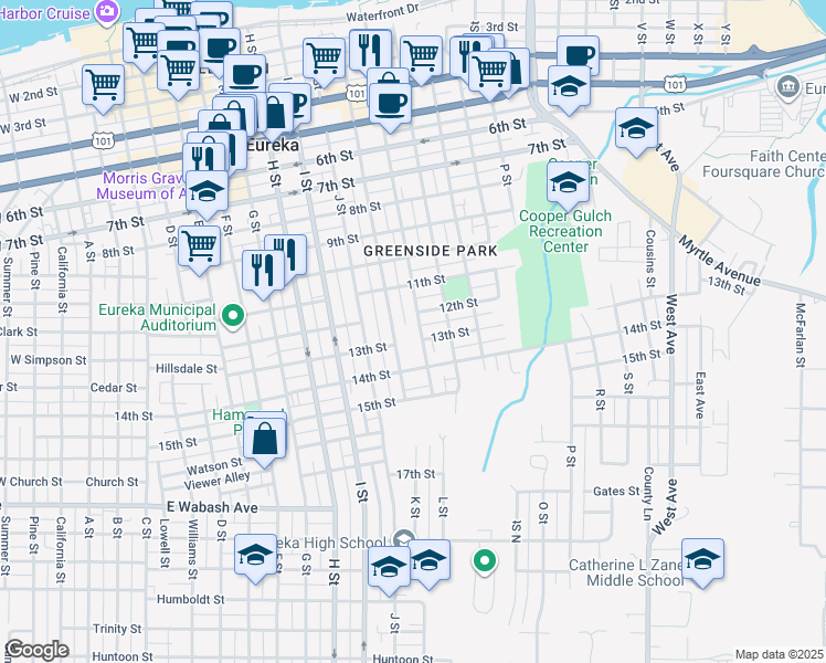 map of restaurants, bars, coffee shops, grocery stores, and more near 1205 L Street in Eureka
