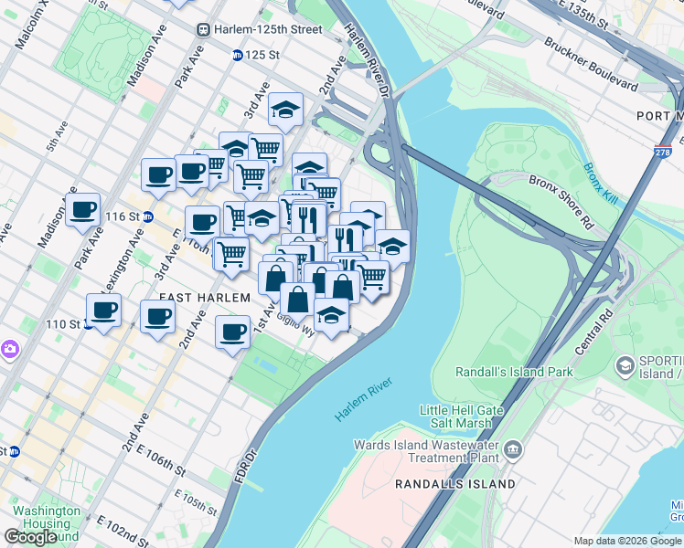 map of restaurants, bars, coffee shops, grocery stores, and more near in New York
