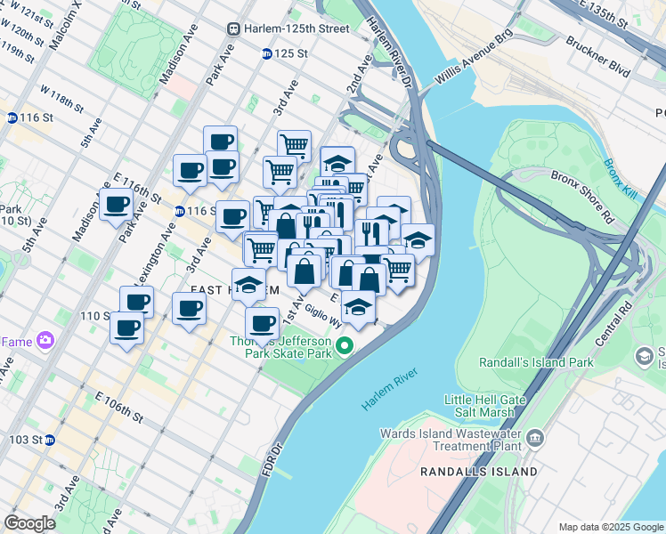 map of restaurants, bars, coffee shops, grocery stores, and more near 421 East 118th Street in New York