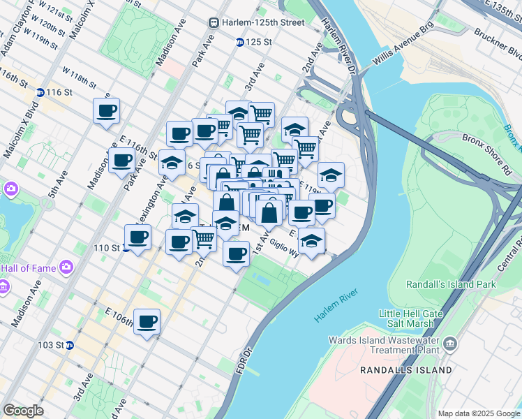map of restaurants, bars, coffee shops, grocery stores, and more near 318 East 117th Street in New York